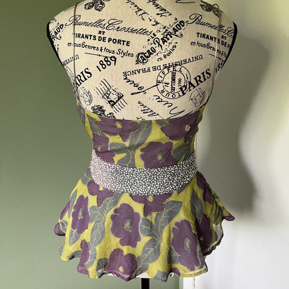 Australian designer 100% silk peplum top with floral design and sequins - Picture 2 of 13